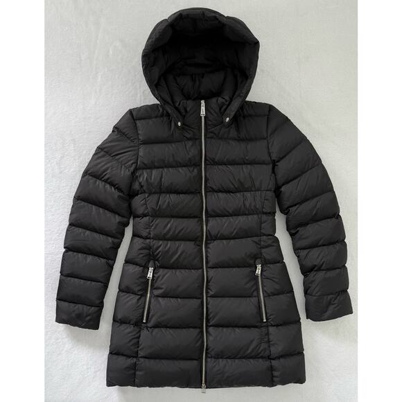 ADD 100% Duck Down Fill Sz 0 Mid-Length Puffer Jacket Removable Hood Black - Picture 6 of 7